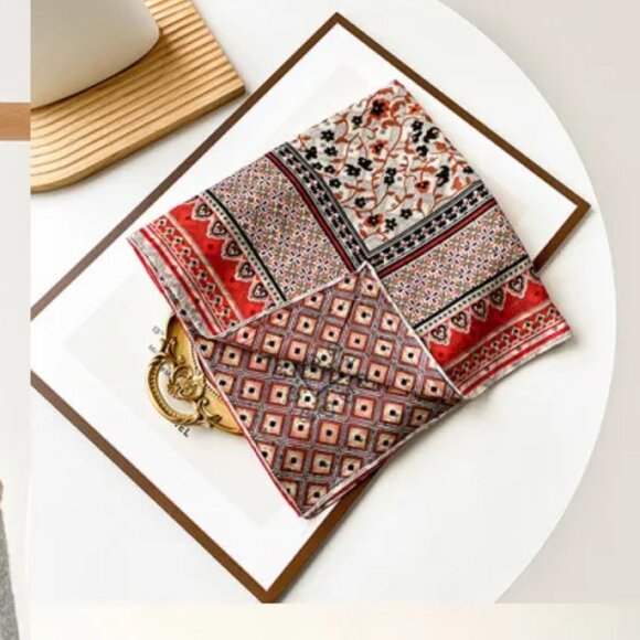 2/$30  Velvet Silk Floral Scarf Orange Red Square Neck Head Handbag Bandana - Picture 5 of 6
